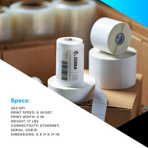 Zebra ZT230 Direct Thermal Only Industrial Label Printer, White - Ethernet, Serial and USB Connectivity - 4" Print Width, 203 DPI, 6 IPS, ZPL, Monochrome Barcode Print ZT23042-D01200FZ