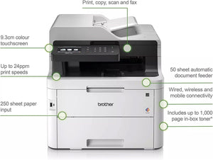 Brother Color MFC-L3770CDW All-in-One Wireless NFC Laser Printer, White- Print Copy Scan Fax - 3.7" Touchscreen, 25 ppm, 2400x600 dpi, Auto Duplex Printing, 50-Sheet ADF, Ethernet