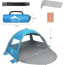 Load image into Gallery viewer, Oileus Outdoors Beach Tent 2-3 Person Portable Sun Shade Shelter UV Protection, Extended Floor Ventilating Mesh Roll Up Windows Carrying Bag Stakes 6 Sand Pockets Fishing Hiking Camping, Blue