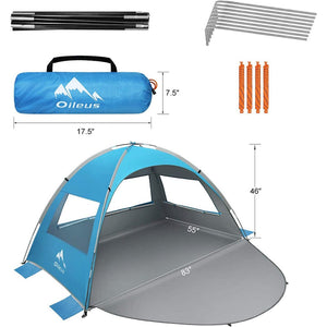 Oileus Outdoors Beach Tent 2-3 Person Portable Sun Shade Shelter UV Protection, Extended Floor Ventilating Mesh Roll Up Windows Carrying Bag Stakes 6 Sand Pockets Fishing Hiking Camping, Blue