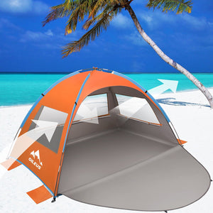 Oileus Outdoors Beach Tent 2-3 Person Portable Sun Shade Shelter UV Protection, Extended Floor Ventilating Mesh Roll Up Windows Carrying Bag Stakes 6 Sand Pockets Fishing Hiking Camping, Orange