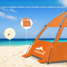 Load image into Gallery viewer, Oileus Outdoors Beach Tent 2-3 Person Portable Sun Shade Shelter UV Protection, Extended Floor Ventilating Mesh Roll Up Windows Carrying Bag Stakes 6 Sand Pockets Fishing Hiking Camping, Orange