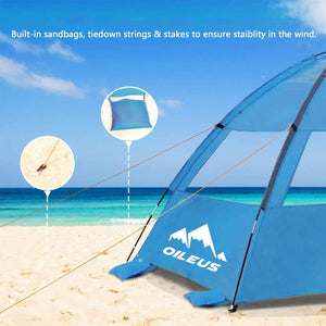Oileus Outdoors Beach Tent 2-3 Person Portable Sun Shade Shelter UV Protection, Extended Floor Ventilating Mesh Roll Up Windows Carrying Bag Stakes 6 Sand Pockets Fishing Hiking Camping, Blue