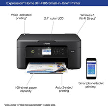 Load image into Gallery viewer, Epson Expression Home XP-4105 All-in-One Wireless Color Inkjet Printer, Black - Print Copy Scan - 2.4&quot; Color LCD, 10.0 ppm, 5760 x 1440 dpi, Auto 2-Sided Printing, Voice Activated