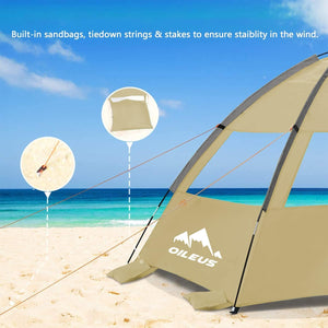 Oileus Outdoors Beach Tent 2-3 Person Portable Sun Shade Shelter UV Protection, Extended Floor Ventilating Mesh Roll Up Windows Carrying Bag Stakes 6 Sand Pockets Fishing Hiking Camping, Khaki